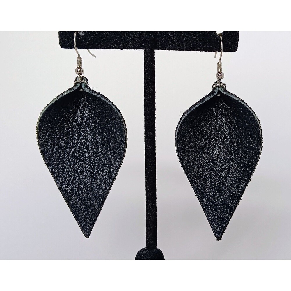 Genuine Black Leather Leaf Shaped Earrings 3 1/4 in